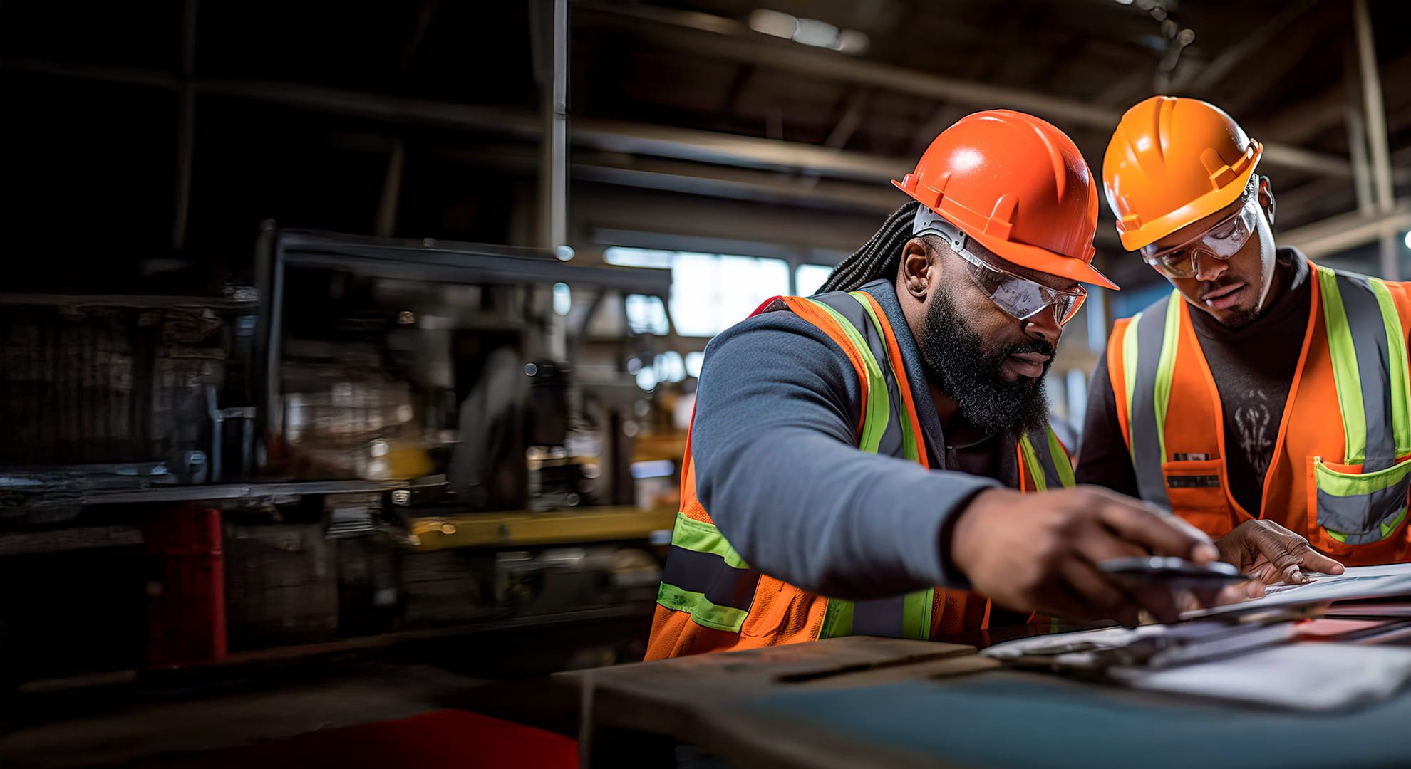 two construction workers looking at plans