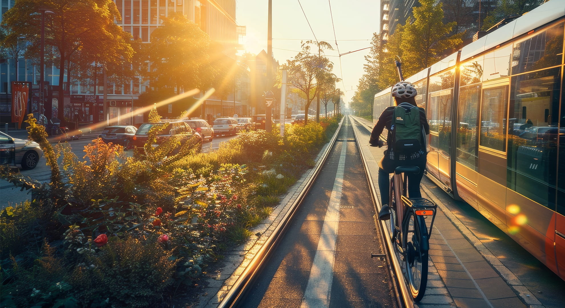 a woman riding a bike next to a train