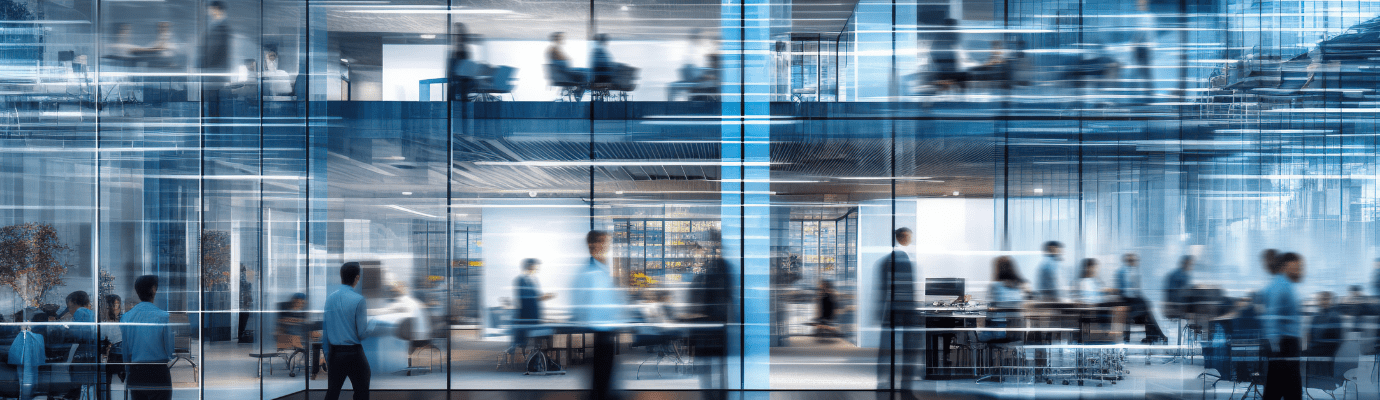 people walking quickly through an office